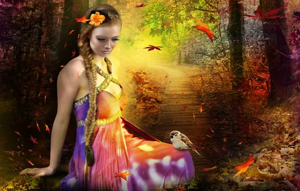 Картинка осень, листья, девушка, деревья, цветы, птицы, ресницы, фантастика