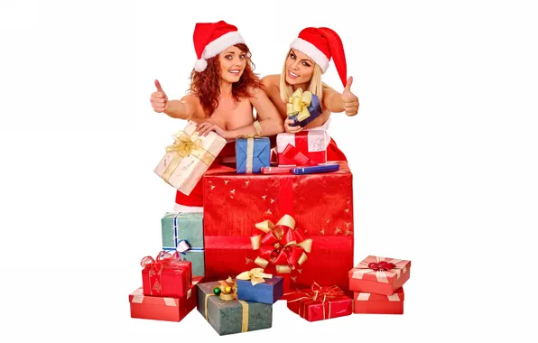 Подарки, белый фон, Новый год, коробки, девчонки