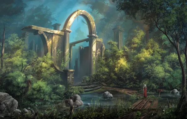 Картинка sword, fantasy, soldier, trees, landscape, weapon, bridge, ruins