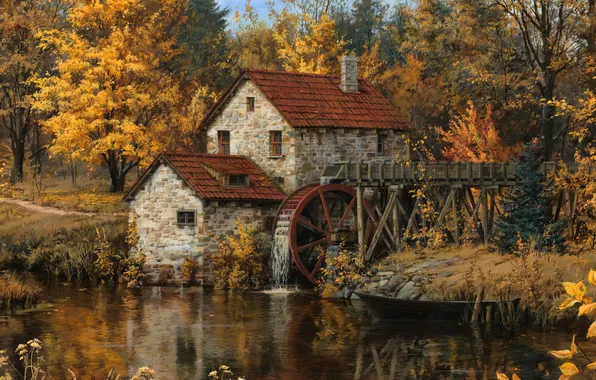 Картинка ВОДОЁМ, ЛЕС, ОСЕНЬ, МЕЛЬНИЦА, ДОМ, Художник Евгений Лушпин