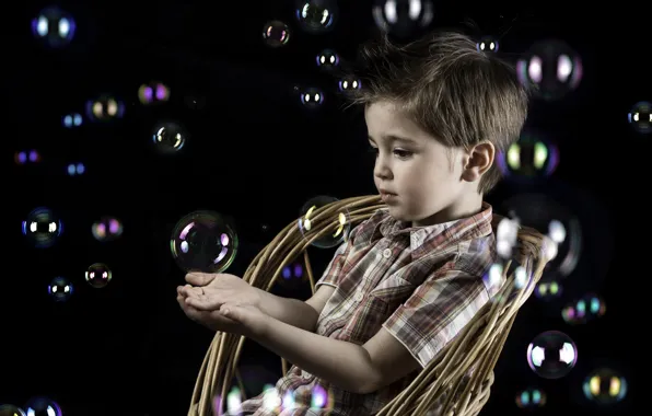 Кресло, мальчик, мыльные пузыри, bubbles