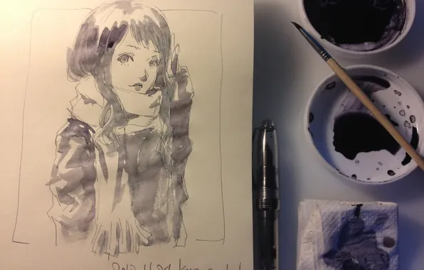 Картинка девушка, лист, рисунок, аниме, шарф, кисть, салфетка, маркер