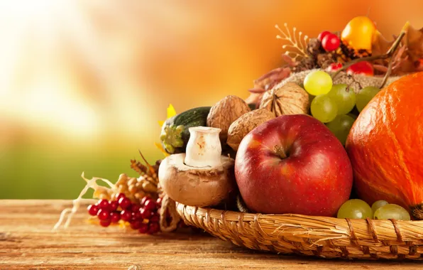 Картинка осень, яблоки, грибы, урожай, виноград, тыква, фрукты, овощи