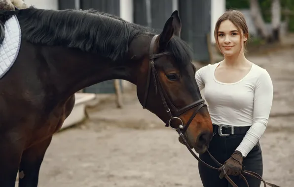 Взгляд, девушка, улыбка, конь, лошадь, блузка, друзья, штаны