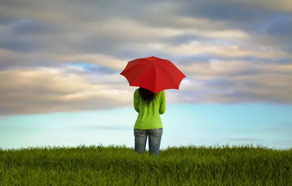Картинка поле, девушка, зонт