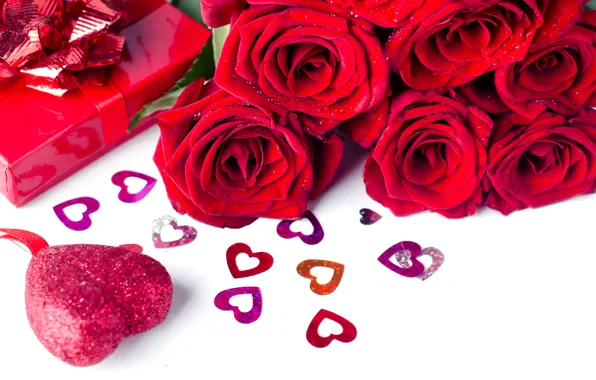 Картинка цветы, подарок, розы, букет, сердечки, красные, red, love
