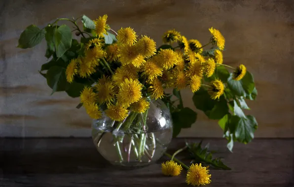 Картинка ваза, весна, букет, цветы, одуванчики