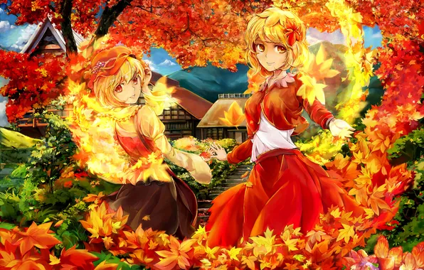Картинка осень, листья, деревья, дом, огонь, девочки, желтые, арт