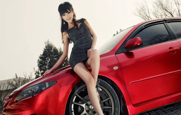 Взгляд, улыбка, Девушки, Mazda, азиатка, красивая девушка, красный авто, красивое платье