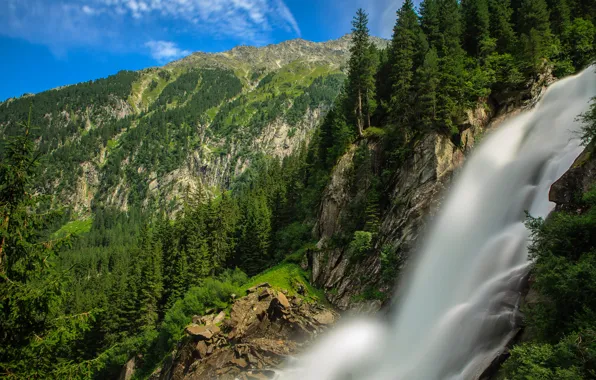Картинка лес, горы, поток, Австрия, Альпы, Austria, Alps, водопад Кримль