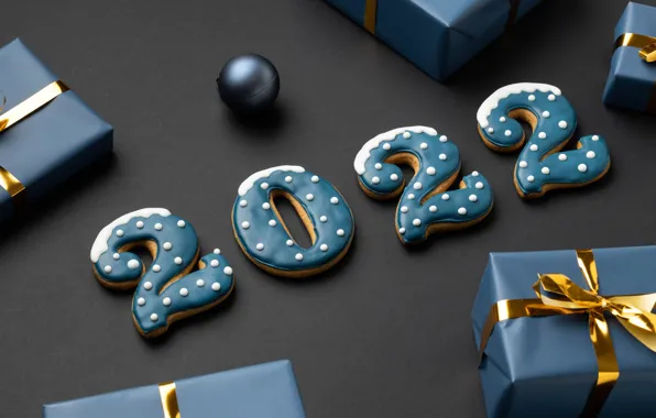 Фон, шарик, печенье, цифры, подарки, Новый год, 2022