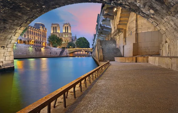 Картинка мост, река, Франция, Париж, Сена, арка, набережная, Собор Парижской Богоматери