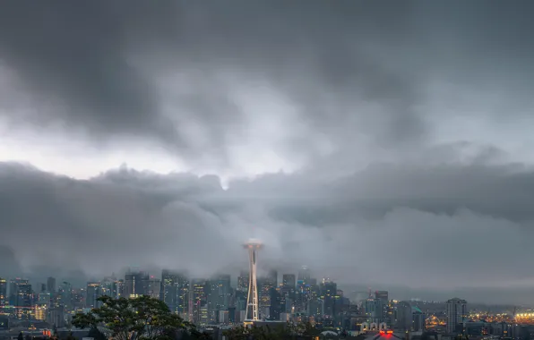 Небо, тучи, здания, башня, SEATTLE