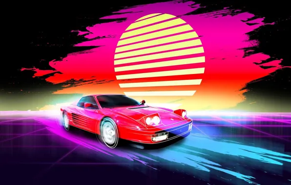 Музыка, Стиль, Фон, Ferrari, 80s, Sun, Style, Neon