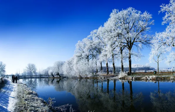 Картинка зима, снег, природа, река, люди