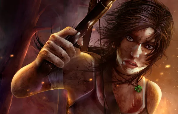 Картинка девушка, пистолет, арт, кулон, lara croft, Tomb Raider Reborn