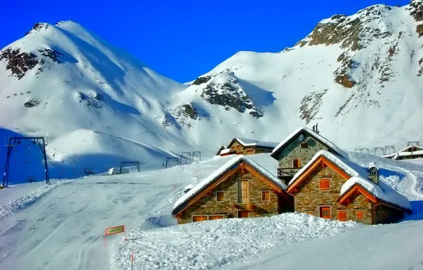Картинка зима, небо, снег, горы, дома, Италия, курорт