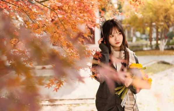 Beautiful, Asian, Model, Tree, Flowers, Headphone, Woman, Bouquet