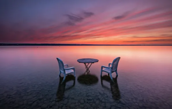Картинка закат, стол, берег, стул