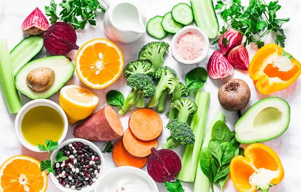 Апельсины, белый фон, перец, фрукты, овощи, продукты питания, много, разные