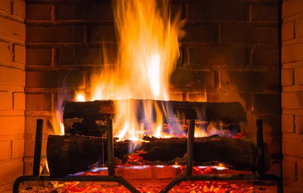 Огонь, пламя, кирпич, дрова, fire, flame, камин, fireplace