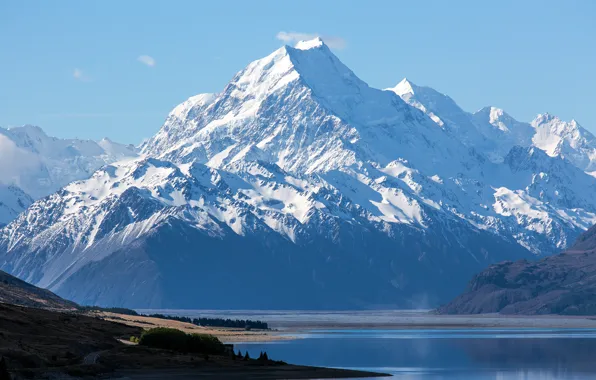 Картинка снег, горы, New Zealand, озеро., Mount Cook, Aoraki National Park