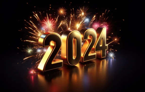 Салют, colorful, цифры, Новый год, golden, numbers, New year, 2024