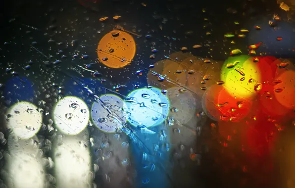 Картинка стекло, капли, свет, огни, дождь, разноцветные, боке