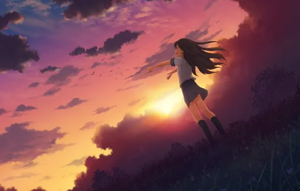 Картинка небо, девушка, солнце, облака, радость, закат, природа, аниме