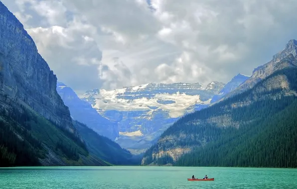 Пейзаж, горы, озеро, лодка, Banff National Park
