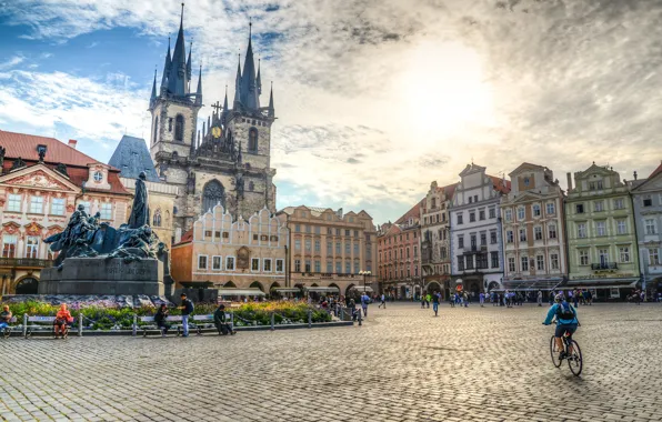 Небо, солнце, люди, здание, HDR, Прага, Чехия, площадь