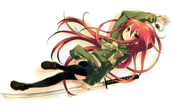 Катана, девочка, кулон, форма, длинные волосы, черные чулки, Shakugan no Shana, лежит на спине