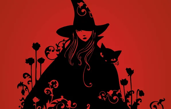 Заклинание, черный кот, halloween, красный фон, злая ведьма, witch, шляпа ведьмы, злобный взгляд