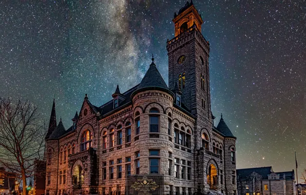 Здание, звёзды, Висконсин, архитектура, Wisconsin, звёздное небо, Уокешо, Historic Courthouse