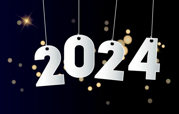 Цифры, Новый год, белые, черный фон, дата, боке, висят, 2024