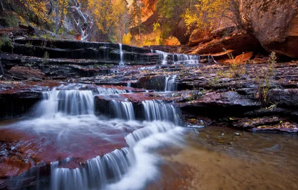 Картинка осень, пейзаж, природа, река, скалы, водопад