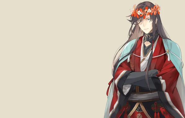 Парень, венок, цаеты, Touken Ranbu, Танец Мечей, Izumi no Kami Kanesada