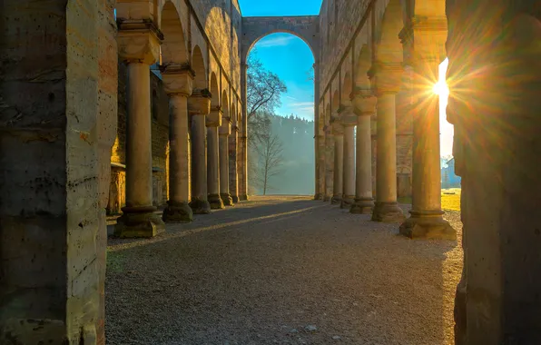 Картинка солнце, закат, Германия, колонны, руины, монастырь, Тюрингия, Paulinzella