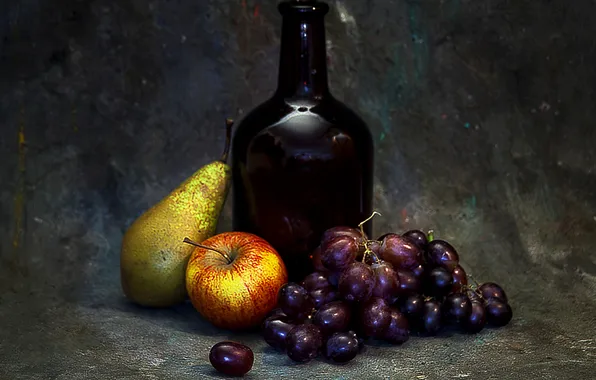 Фото, бутылка, яблоко, стилизация, виноград, груша, натюрморт, псевдоживопись