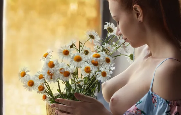 Грудь, девушка, свет, цветы, окно, рыжая