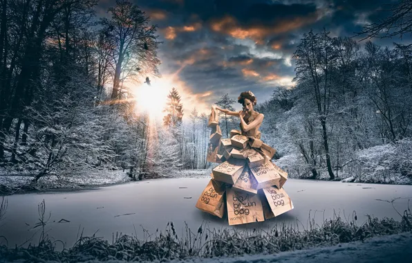 Картинка зима, лес, девушка, одежда, пакеты
