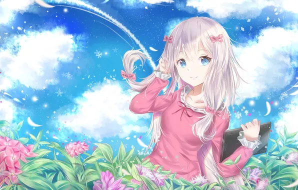 Небо, девушка, цветы, аниме, арт, EroManga-Sensei