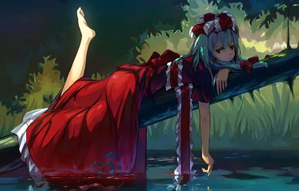 Girl, dress, anime, water, barefoot, lake, mood, ribbon