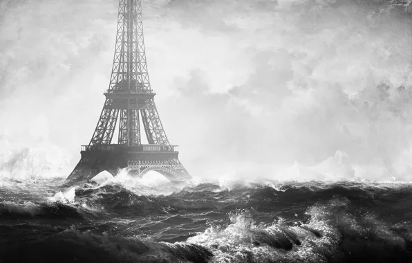 Море, волны, город, Франция, Париж, Эйфелева Башня, Paris, France