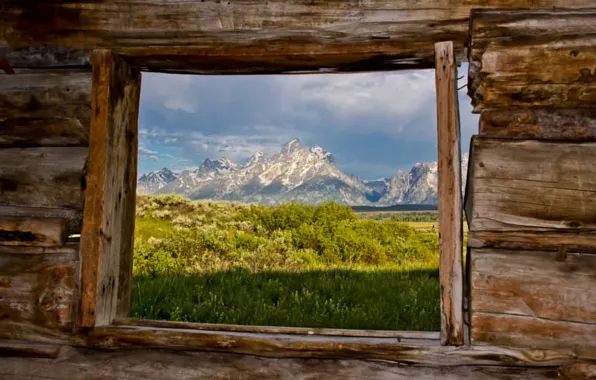 Картинка горы, окно, хижина, Гранд-Титон национальный парк, National Park, Grand Teton, Cunningham Cabin