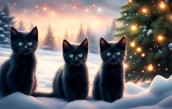 Зима, лес, снег, кошки, котенок, черный, Рождество, котята
