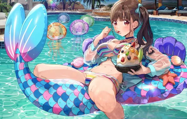 Girl, sexy, pool, cleavage, long hair, brown hair, boobs, anime