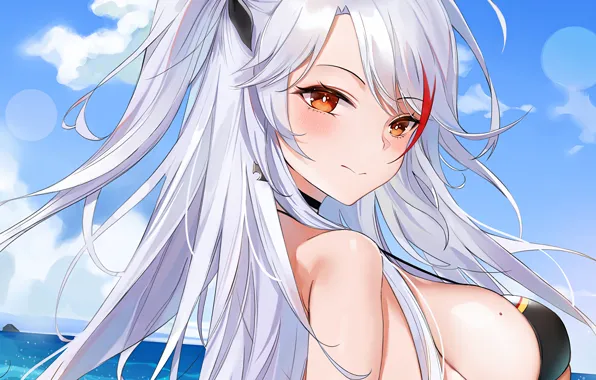 Girl, sexy, cleavage, long hair, sea, boobs, anime, beautiful