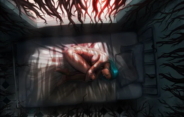 Картинка девушка, корни, кровать, арт, щупальца, Gina Nelson, кошмар