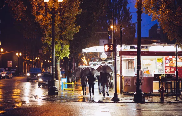 Картинка люди, улица, зонтики, быт, фонарь пост, дождливый